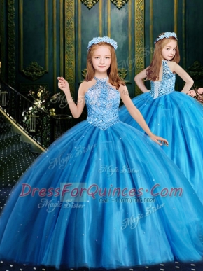 Best Selling Baby Blue Lace Up Halter Top Beading and Sequins Child Pageant Dress Tulle Sleeveless
