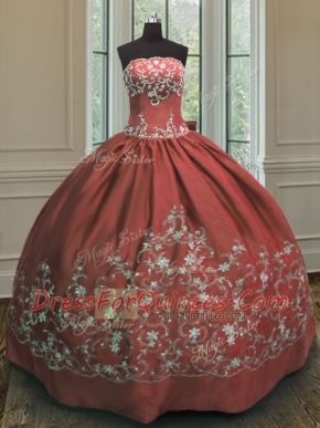 Strapless Sleeveless Quince Ball Gowns Floor Length Embroidery Rust Red Satin