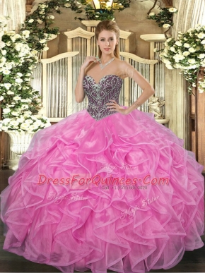 Floor Length Lace Up Quinceanera Dress Rose Pink for Military Ball and Sweet 16 and Quinceanera with Beading and Ruffles