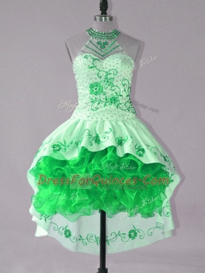 Excellent Green Ball Gowns Embroidery and Ruffles Dress for Prom Lace Up Satin and Organza Sleeveless High Low