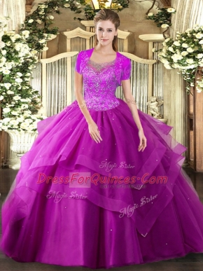Fuchsia Tulle Clasp Handle Quinceanera Gown Sleeveless Floor Length Beading and Ruffles