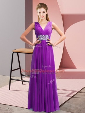 Empire Prom Dresses Purple V-neck Chiffon Sleeveless Floor Length Side Zipper