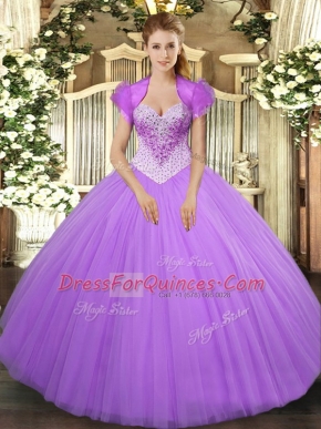 Sweet Lavender Sleeveless Floor Length Beading Lace Up Sweet 16 Dresses