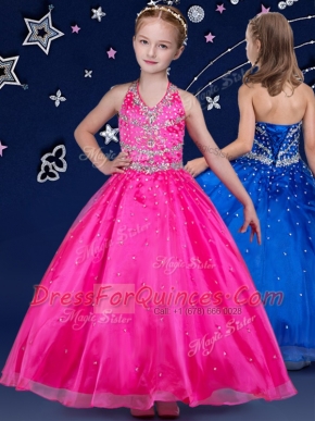 Simple Halter Top Hot Pink Sleeveless Floor Length Beading Lace Up Kids Formal Wear