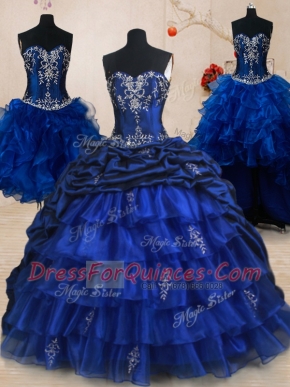 Spectacular Four Piece Pick Ups Ruffled With Train Royal Blue 15 Quinceanera Dress Sweetheart Sleeveless Brush Train Lace Up