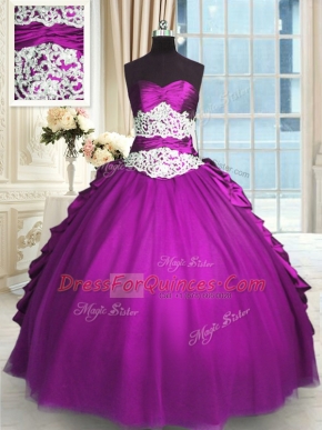 Eggplant Purple Taffeta and Tulle Lace Up Vestidos de Quinceanera Sleeveless Floor Length Beading and Lace and Ruching and Pick Ups
