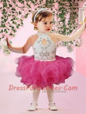 Cute Ball Gown Halter Knee-length Beading Ruffles White and Hot Pink Little Girl Dress