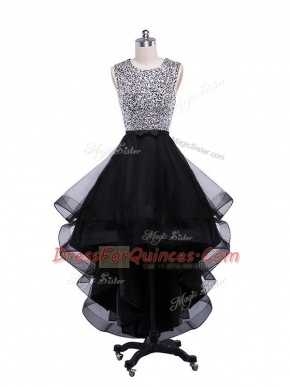 Sleeveless Tulle High Low Zipper Evening Dress in Black with Beading and Ruffles