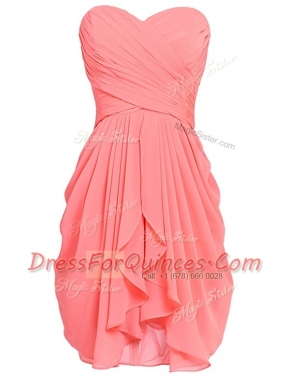 Sleeveless Chiffon Knee Length Lace Up Dress for Prom in Watermelon Red with Ruching
