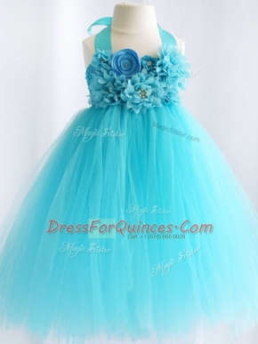 Halter Top Sleeveless Tulle Pageant Gowns For Girls Hand Made Flower Side Zipper