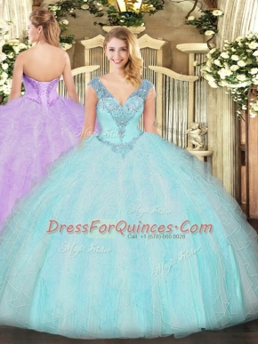 V-neck Sleeveless Organza Sweet 16 Dresses Ruffles Lace Up
