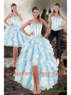 Detachable Sweetheart White and Blue 2015 Prom Dress with Appliques and Ruffles