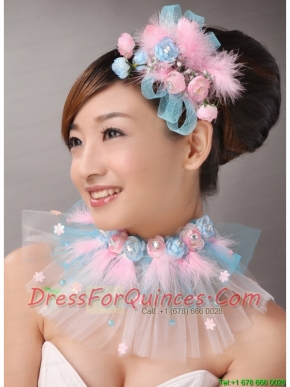 Pink Feather and Blue Net Flower Beading For Party