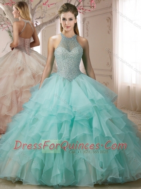 Classical  Halter Top Apple Green Quinceanera Gown with Pearls and Ruffless