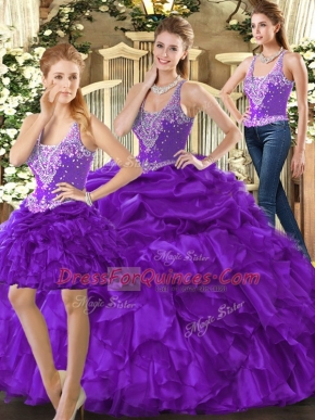 Purple Lace Up Straps Beading and Ruffles Sweet 16 Dresses Organza Sleeveless