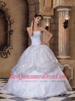 White Ball Gown Strapless Floor-length Pick-ups Sequins Quinceanera Dress