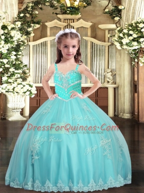 Floor Length Ball Gowns Sleeveless Aqua Blue Winning Pageant Gowns Lace Up