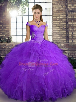 Pretty Purple Tulle Lace Up Quinceanera Dress Sleeveless Floor Length Beading and Ruffles