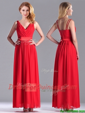 The Super Hot Empire V Neck Red Prom Dress in Ankle Length