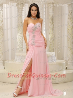 Prom Dress High Slit and Ruched Bodice Beading Sweetheart For Custom Made