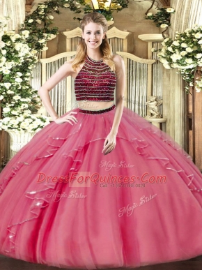 Coral Red Halter Top Neckline Beading and Ruffles Vestidos de Quinceanera Sleeveless Zipper