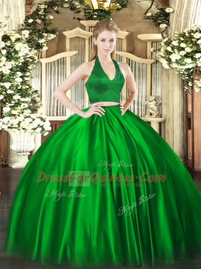 Floor Length Green Quinceanera Gown Halter Top Sleeveless Zipper