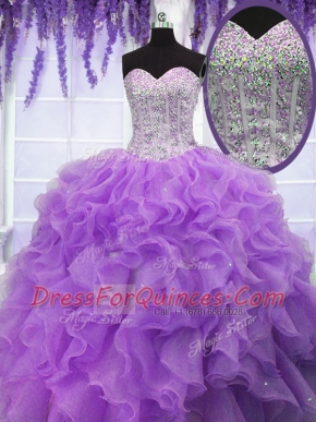 Stunning Lavender Organza Lace Up Sweetheart Sleeveless Floor Length Sweet 16 Dress Ruffles and Sequins