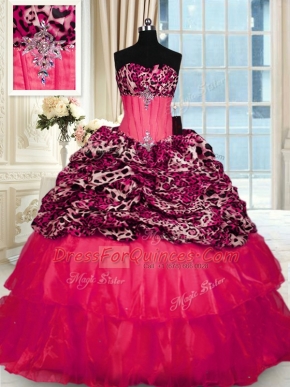 Printed Sleeveless Sweep Train Lace Up Beading and Ruffled Layers Sweet 16 Quinceanera Dress