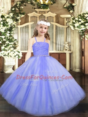 Sleeveless Floor Length Beading and Lace Zipper Little Girls Pageant Dress with Lavender