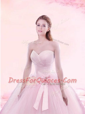 Fashion Baby Pink Sweetheart Lace Up Ruching and Bowknot Sweet 16 Dresses Brush Train Sleeveless