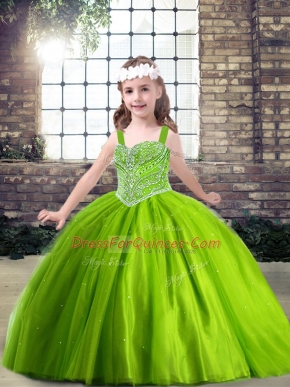 Green Ball Gowns Tulle Sleeveless Beading Floor Length Lace Up Little Girls Pageant Gowns