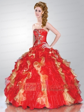 Beautiful Sweetheart Beading and Ruffles Red and Gold Quinceanera Dress