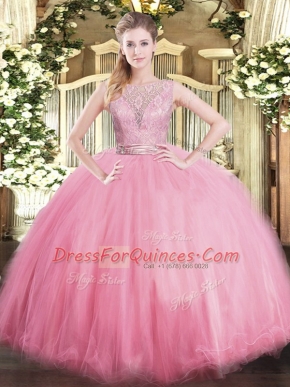 Gorgeous Baby Pink Tulle Backless Sweet 16 Dresses Sleeveless Floor Length Lace