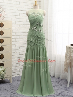 Olive Green Chiffon Zipper Prom Evening Gown Sleeveless Brush Train Ruching and Hand Made Flower