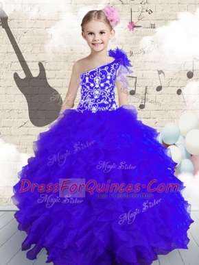 Cheap One Shoulder Floor Length Lace Up Kids Pageant Dress Navy Blue for Party and Wedding Party with Embroidery and Ruffles and Hand Made Flower