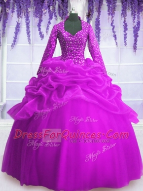 Gorgeous Floor Length Fuchsia Quince Ball Gowns Organza Long Sleeves Sequins and Pick Ups