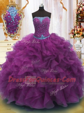 Glorious Strapless Sleeveless Lace Up Quinceanera Dress Purple Organza