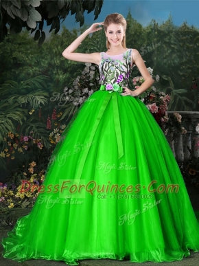 Shining Scoop Sleeveless Quince Ball Gowns Brush Train Appliques and Belt Organza