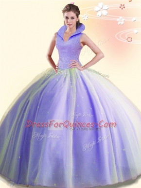Lavender Tulle Backless 15 Quinceanera Dress Sleeveless Floor Length Beading