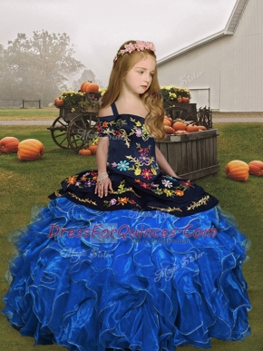 Elegant Blue Sleeveless Embroidery and Ruffles Floor Length Kids Pageant Dress