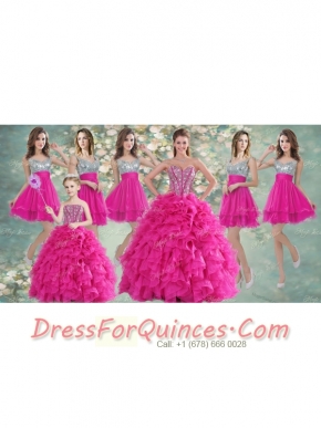 Pretty Hot Pink Beaded and Ruffled Quinceanera Dress and Short Sequined Dama Dresses and Strapless Mini Quinceanera Dress