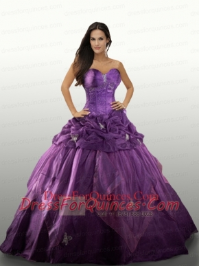 2015 Purple Sweetheart Appliques Organza Quinceanera Dresses