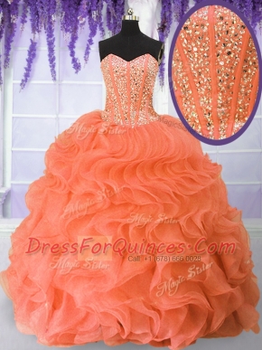 Fabulous Orange Red Sleeveless Beading and Ruffles Floor Length Quinceanera Gowns