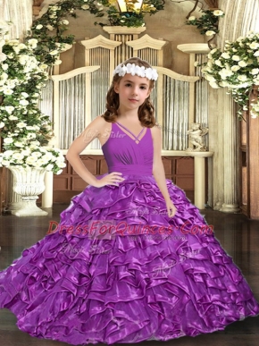 Purple Zipper V-neck Ruffles and Ruching Child Pageant Dress Organza Sleeveless
