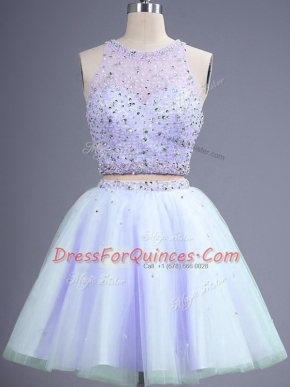Inexpensive Knee Length Two Pieces Sleeveless Lavender Quinceanera Dama Dress Lace Up