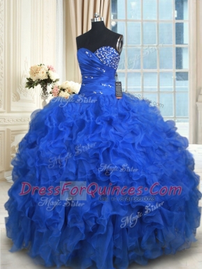 Royal Blue Lace Up Vestidos de Quinceanera Beading and Ruffles Sleeveless Floor Length