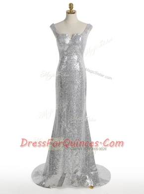 Mermaid Silver Zipper Square Sequins Evening Dress Sequined Sleeveless Sweep Train