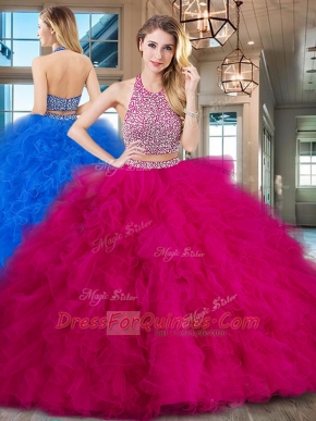 Flare Halter Top Fuchsia Tulle Backless Quinceanera Gown Sleeveless With Brush Train Beading and Ruffles