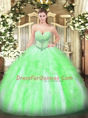 Ideal Sleeveless Lace Up Floor Length Beading and Ruffles 15th Birthday Dress