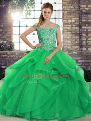 Sexy Green Ball Gown Prom Dress Tulle Brush Train Sleeveless Beading and Ruffles